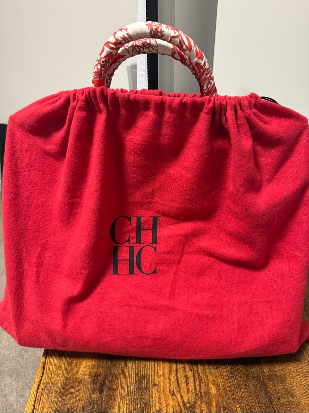 Carolina Herrera Bright Red CH Logo Tote with Silk Scarf Wrapped Handles